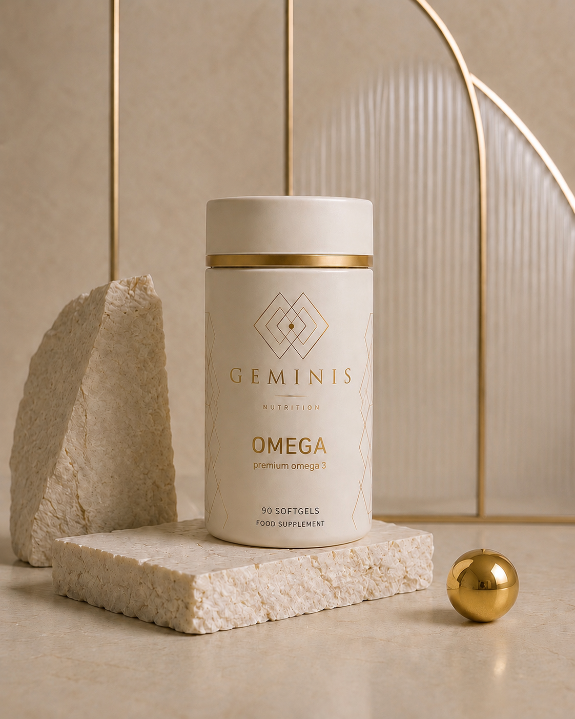 Géminis Nutrition Omega-3 premium supplement bottle